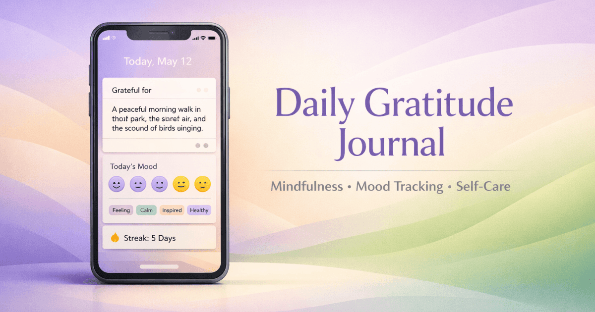 Daily Gratitude Journal preview: a phone showing a gratitude entry, mood picker, emotion tags and a 5-day streak.